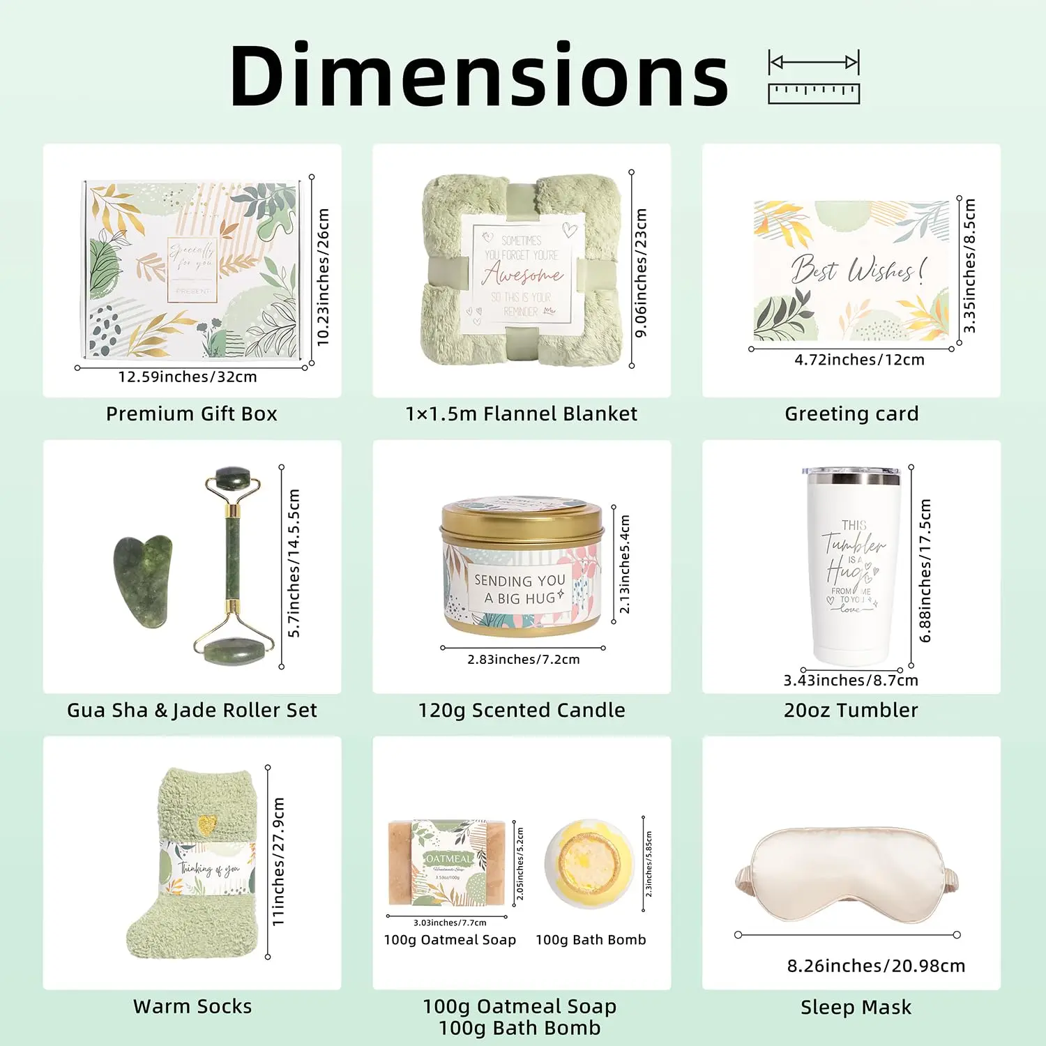 This self care gift basket for women includes a blanket, tumbler, candle, soap, bath bomb, jade roller set, eye mask, and socks.