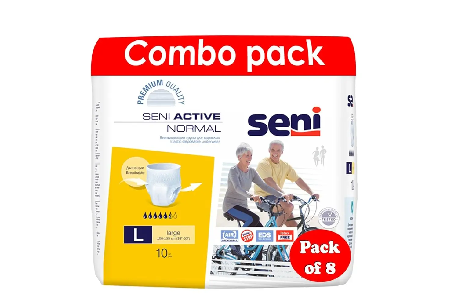 Seni Active Normal breathable pull-up underwear for light to moderate incontinence, featuring a comfortable, discreet design with an extra dry system and odour control, suitable for active lifestyles.