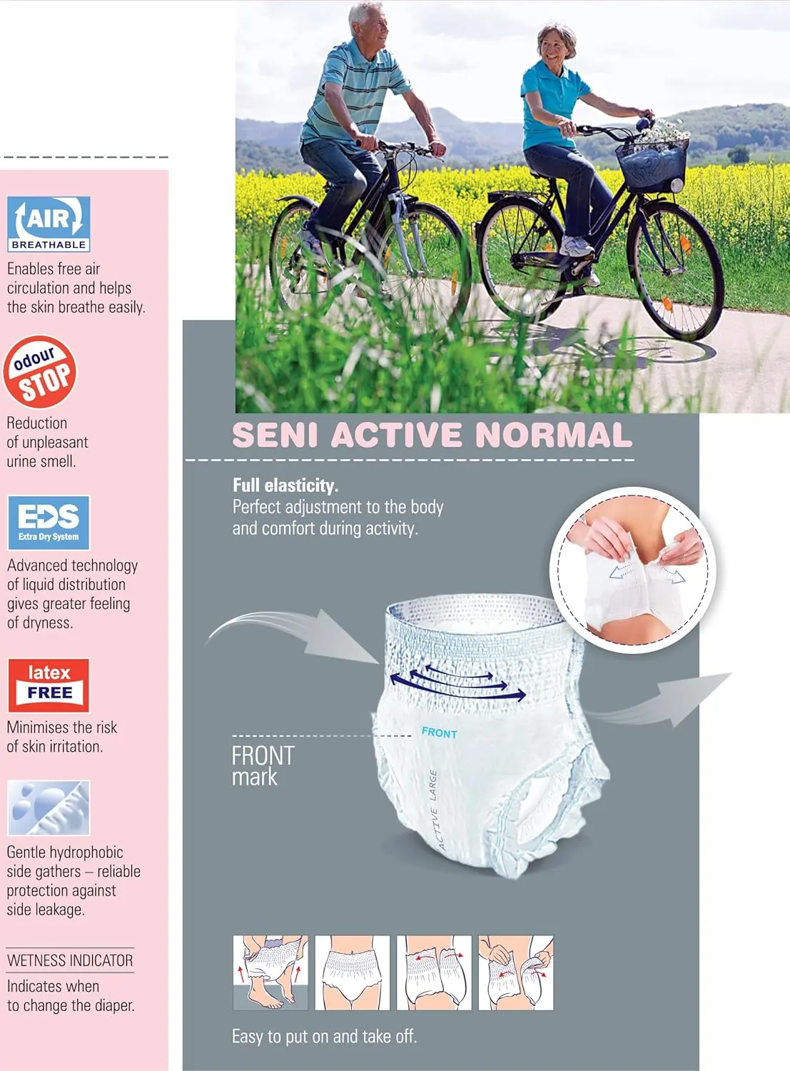 Seni Active Normal breathable pull-up underwear for women and men offers light to moderate incontinence protection with a comfortable, discreet fit and extra dryness.