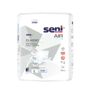 SENI Air Classic Large adult diapers provide breathable, moderate incontinence protection with a wetness indicator and easy fit system.