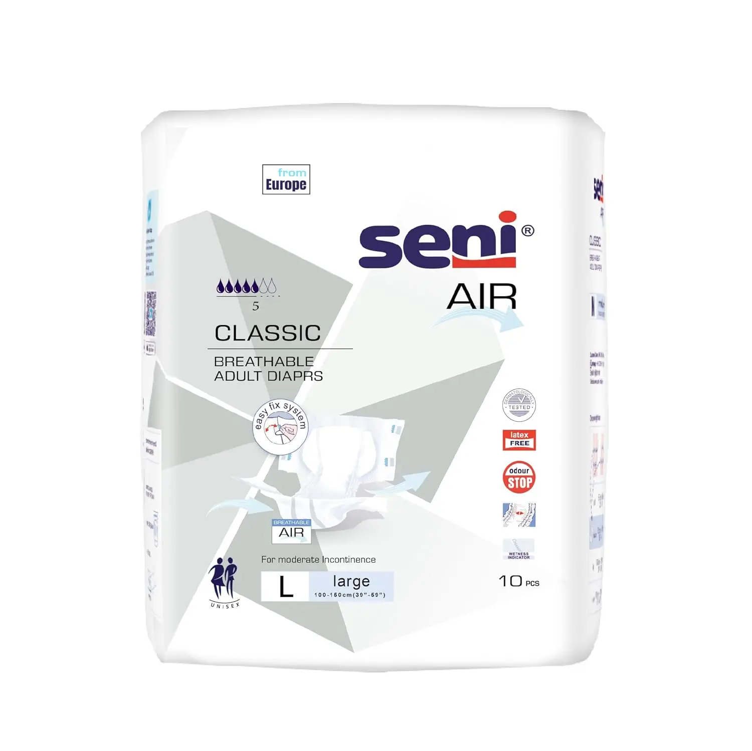 SENI Air Classic Large adult diapers provide breathable, moderate incontinence protection with a wetness indicator and easy fit system.