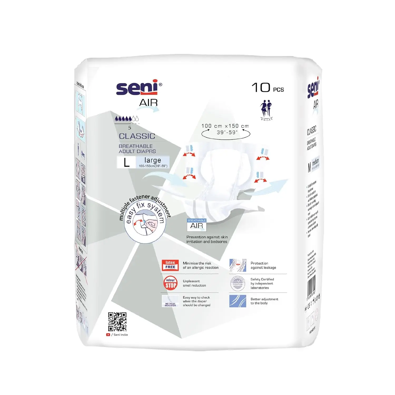 SENI Air Classic Large adult diapers provide breathable, moderate incontinence protection with a wetness indicator and easy fit system.
