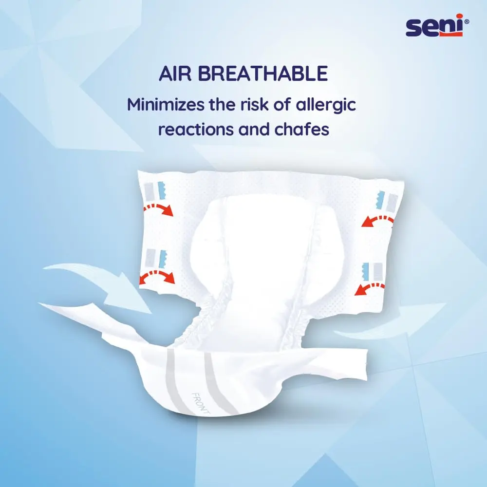 SENI Air Classic Large adult diapers provide breathable, moderate incontinence protection with a wetness indicator and easy fit system.