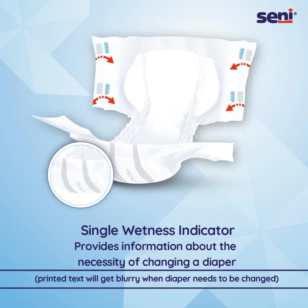 SENI Air Classic Large adult diapers provide breathable, moderate incontinence protection with a wetness indicator and easy fit system.