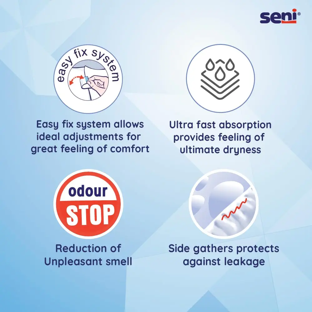 SENI Air Classic Large adult diapers provide breathable, moderate incontinence protection with a wetness indicator and easy fit system.