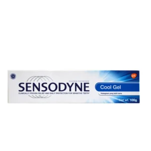 A tube of Sensodyne Cool Gel toothpaste, 100g, offering relief for sensitive teeth with a refreshing, fragrance-free formula in hygienic packaging.