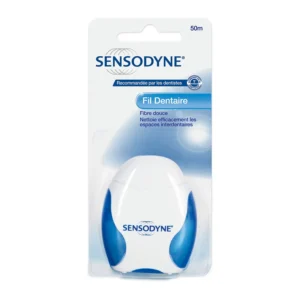 Sensodyne Dental Floss effectively cleans interdental spaces with its soft, waxed texture, designed for a thorough clean of teeth and gums.