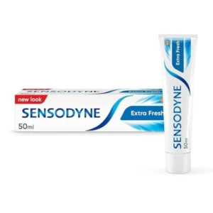 Tube of Sensodyne Extra Fresh toothpaste, providing 24/7 protection against tooth sensitivity, removes plaque, prevents caries, and leaves a fresh, clean mouth feel.