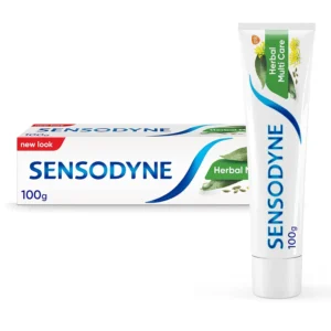 Sensodyne herbal toothpaste with eucalyptus and fennel extracts to relieve sensitivity, fight tooth decay, and keep gums healthy while freshening breath.