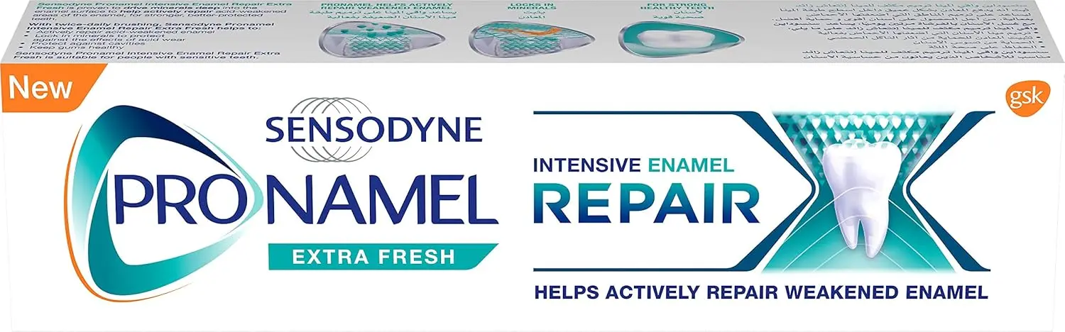 Sensodyne Pronamel Extra Fresh toothpaste actively repairs acid-weakened enamel, locks in minerals, protects against cavities, and helps keep gums healthy.