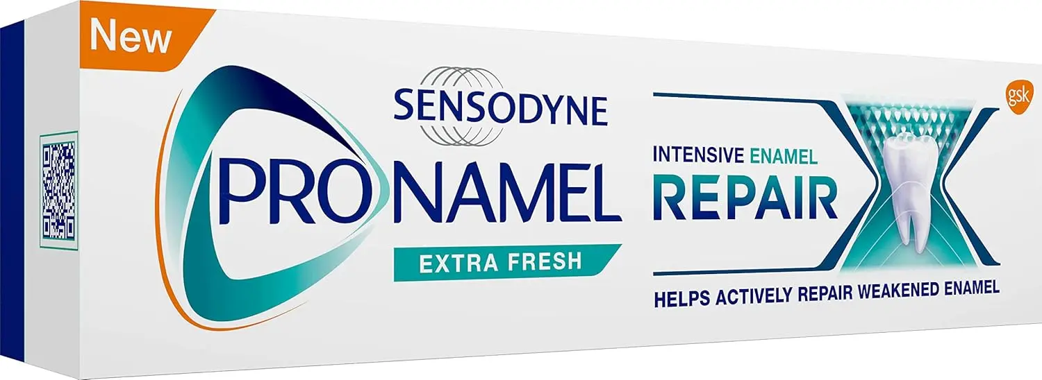 Sensodyne Pronamel Extra Fresh toothpaste actively repairs acid-weakened enamel, locks in minerals, protects against cavities, and helps keep gums healthy.