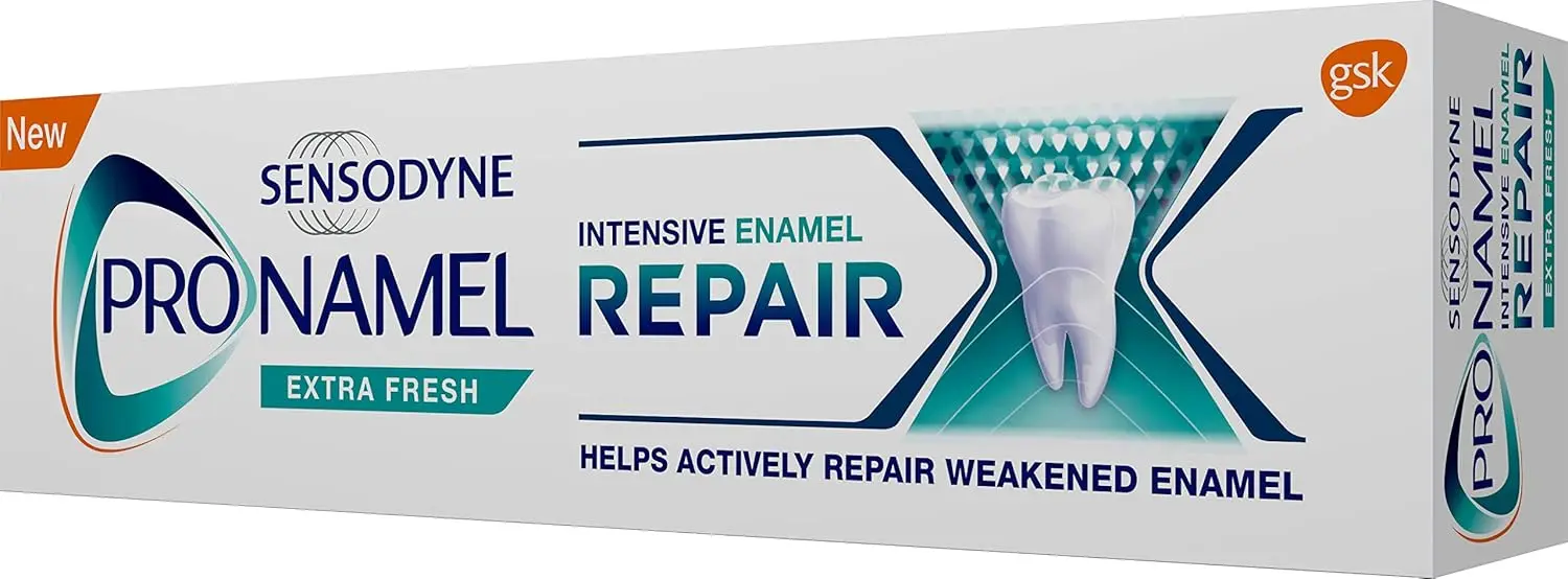Sensodyne Pronamel Extra Fresh toothpaste actively repairs acid-weakened enamel, locks in minerals, protects against cavities, and helps keep gums healthy.