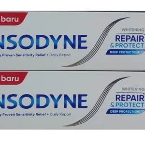 Two tubes of Sensodyne Repair and Protect Whitening Toothpaste help repair sensitive teeth, provide lasting protection, and gently whiten.