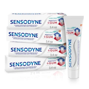 Four tubes of Sensodyne Sensitivity & Gum Clean & Fresh toothpaste, designed for gingivitis, sensitive teeth and gum health, offering cavity protection and fresh breath.