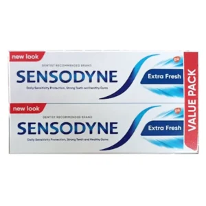 Two tubes of Sensodyne toothpaste for sensitivity relief and cavity protection with a fresh flavor.