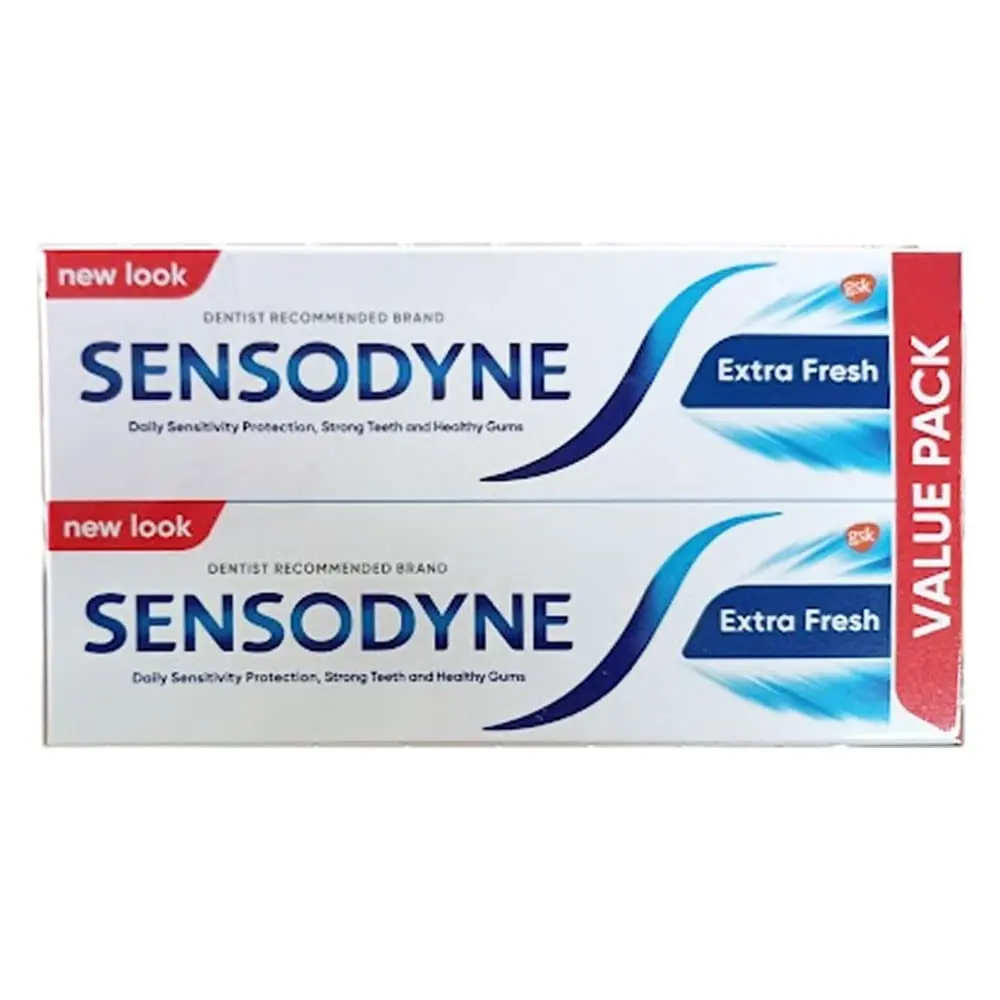 Two tubes of Sensodyne toothpaste for sensitivity relief and cavity protection with a fresh flavor.