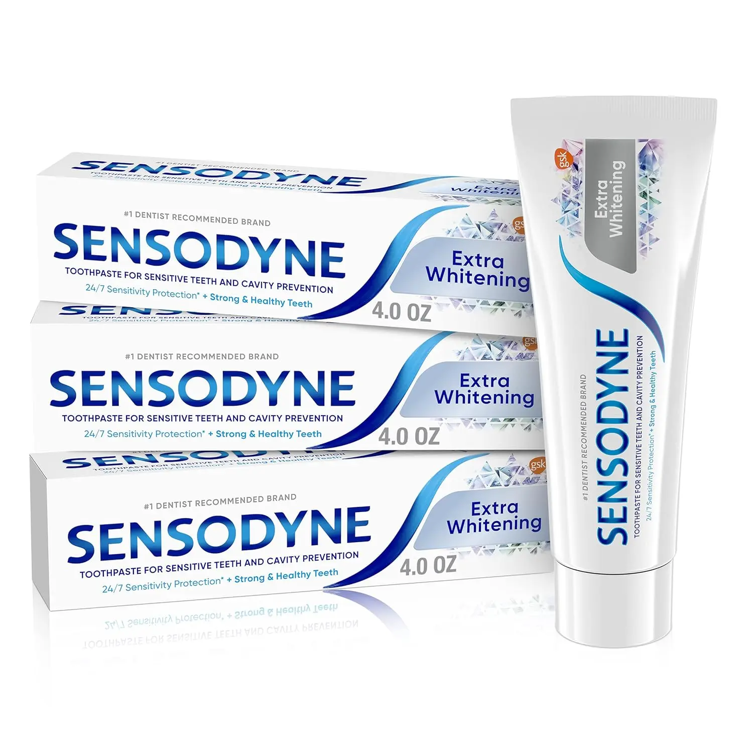 Two tubes of Sensodyne Extra Whitening toothpaste, the #1 dentist-recommended brand, provide 24/7 protection against tooth sensitivity and help remove stains for a brighter smile with twice-daily brushing.