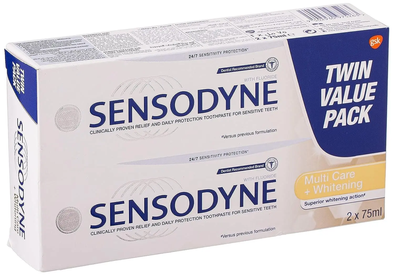Two tubes of Sensodyne Multi Care + Whitening toothpaste provide clinically proven sensitivity relief and whiten teeth 24/7.