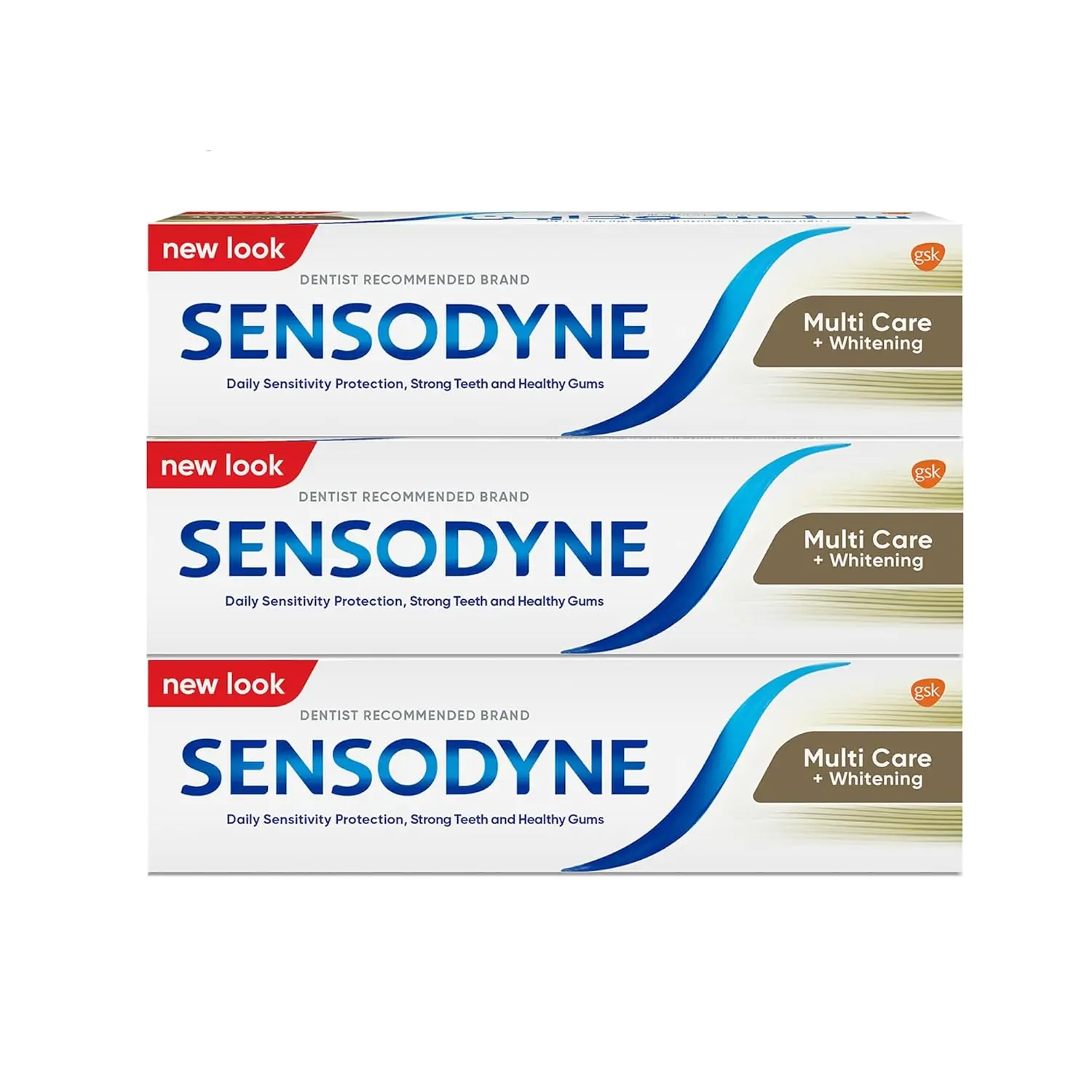 Two tubes of Sensodyne Multi Care + Whitening toothpaste provide clinically proven sensitivity relief and whiten teeth 24/7.