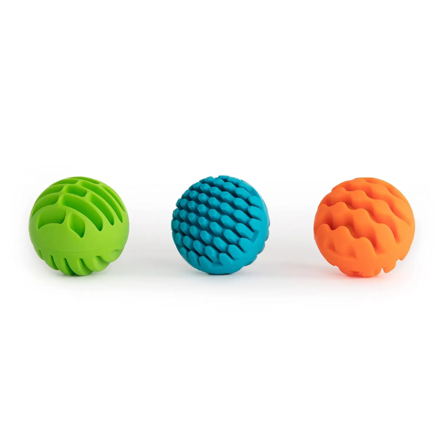 Three textured silicone sensory rollers with chimes inside, designed for infants 6 months and older to encourage sensory exploration and tactile learning.