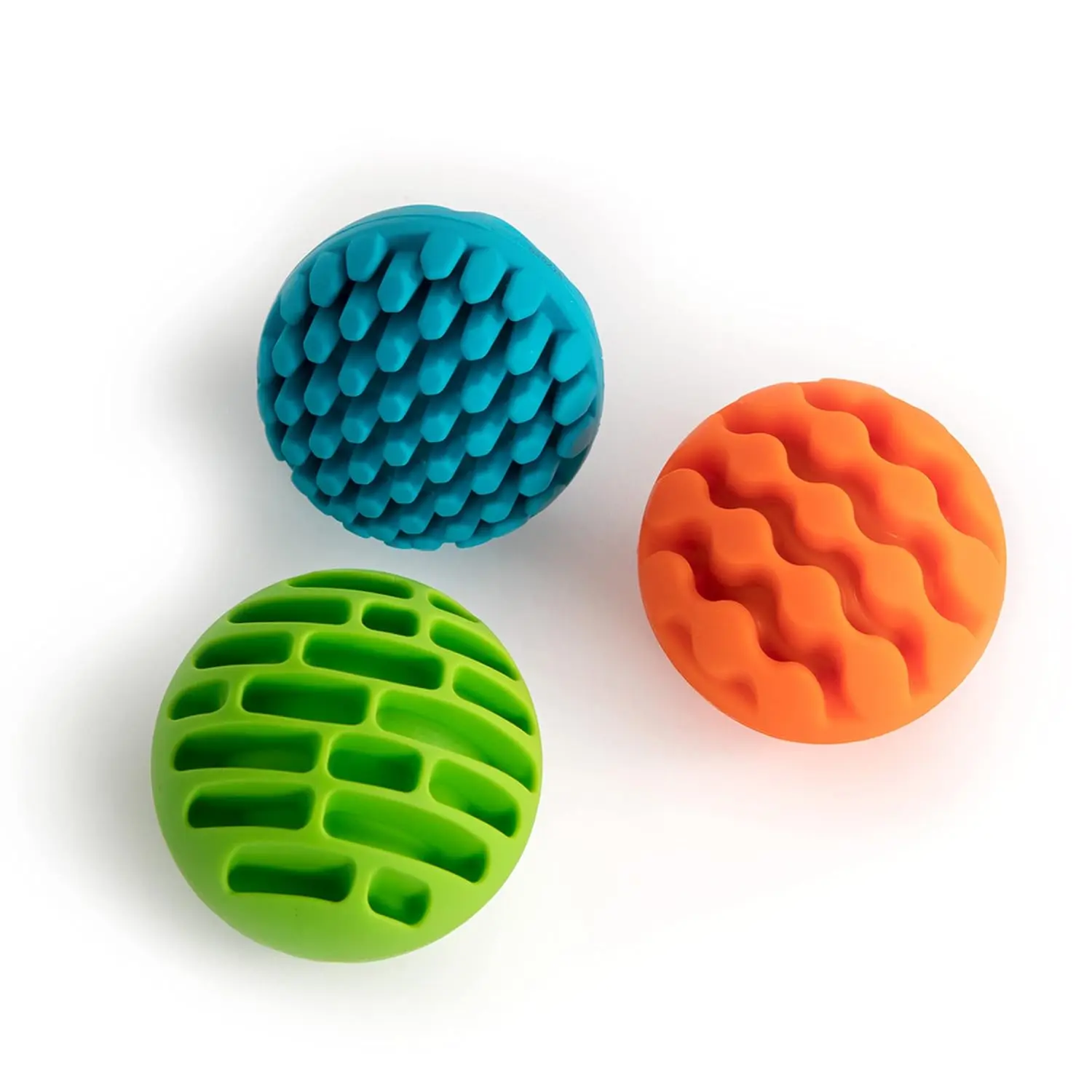 Three textured silicone sensory rollers with chimes inside, designed for infants 6 months and older to encourage sensory exploration and tactile learning.