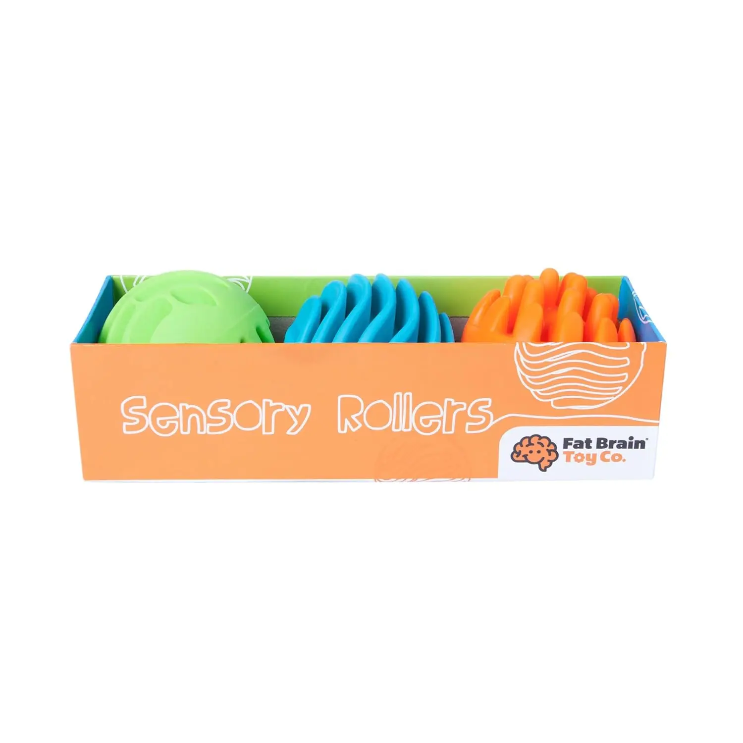 Three textured silicone sensory rollers with chimes inside, designed for infants 6 months and older to encourage sensory exploration and tactile learning.