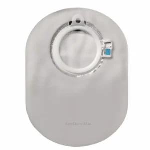 Opaque SenSura Mio Coloplast ostomy pouch with a 70 mm stoma opening, closed end drain, and flat barrier, part of a two-piece system, available as 30 pouches per box.