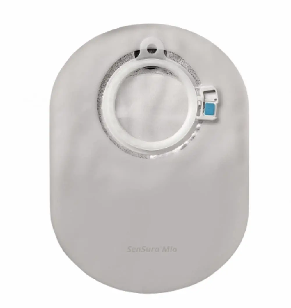 Opaque SenSura Mio Coloplast ostomy pouch with a 70 mm stoma opening, closed end drain, and flat barrier, part of a two-piece system, available as 30 pouches per box.