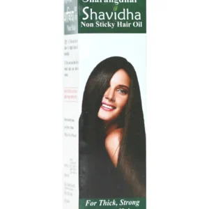 A bottle of Sharangdhar Shavidha Ayurvedic hair oil for healthy hair, manufactured by Sharangdhar Pharmaceuticals.