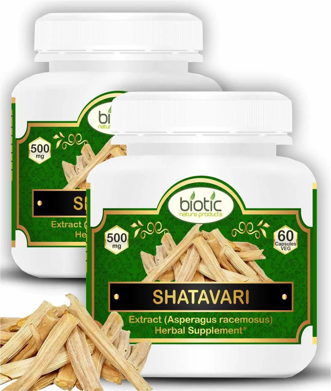 Two bottles of Biotic Shatavari capsules containing 500mg of Asparagus Racemosus Extract per veggie capsule.