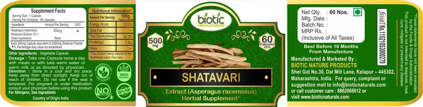 Two bottles of Biotic Shatavari capsules containing 500mg of Asparagus Racemosus Extract per veggie capsule.