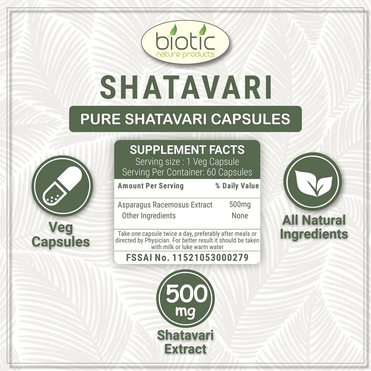 Two bottles of Biotic Shatavari capsules containing 500mg of Asparagus Racemosus Extract per veggie capsule.