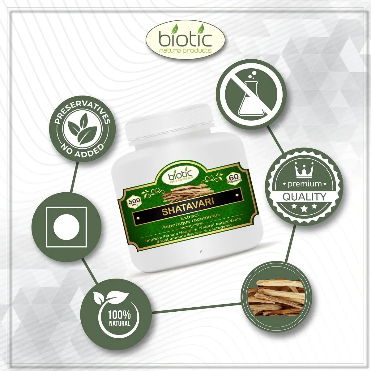 Two bottles of Biotic Shatavari capsules containing 500mg of Asparagus Racemosus Extract per veggie capsule.