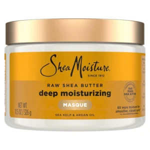 A jar of SheaMoisture Raw Shea Butter Deep Moisturizing Hair Masque designed to hydrate and repair dry, damaged hair.
