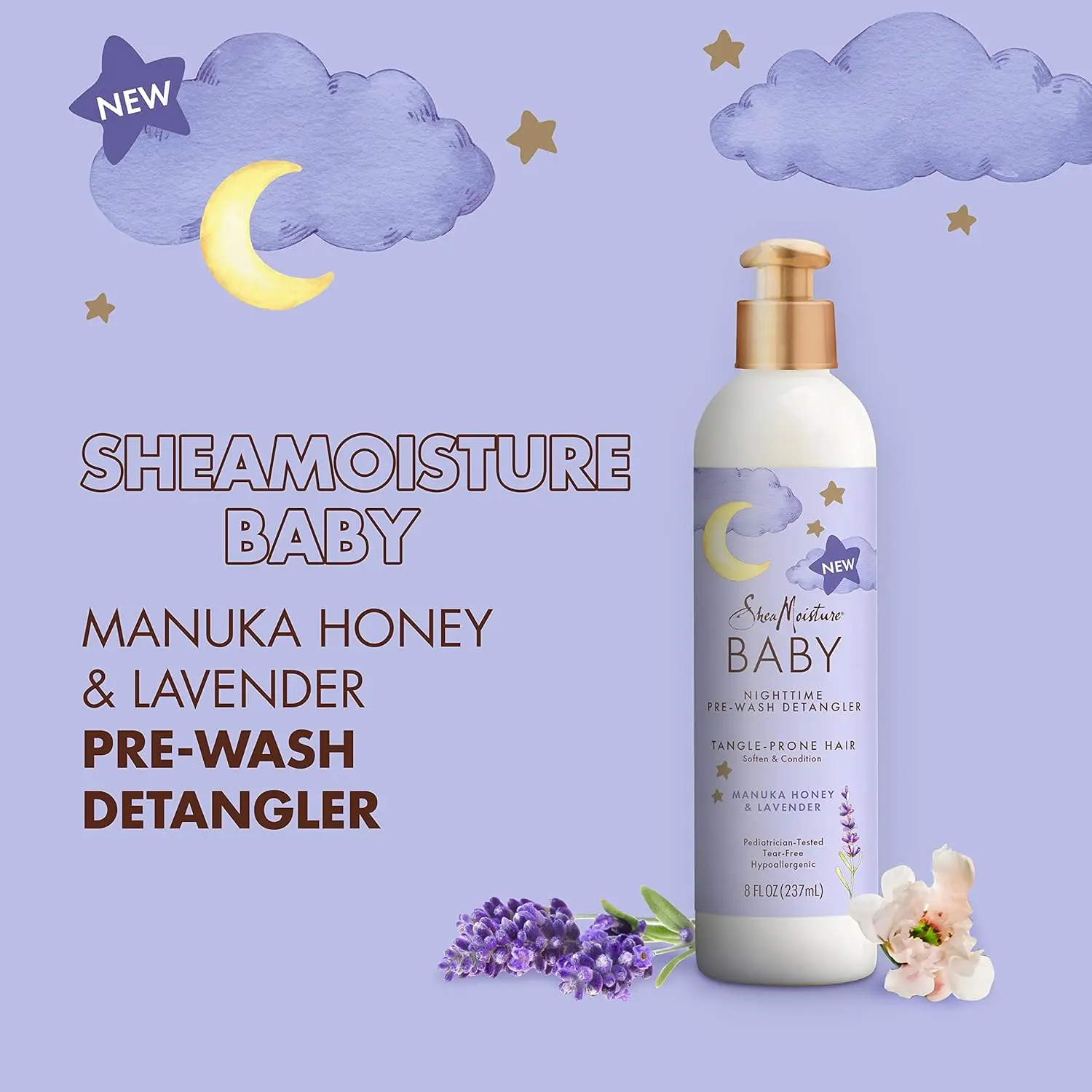 SheaMoisture Baby Pre-Wash Hair Detangler with Manuka Honey and Lavender is a gentle solution to soften and condition baby's textured hair, perfect for a relaxing nighttime hair care routine.