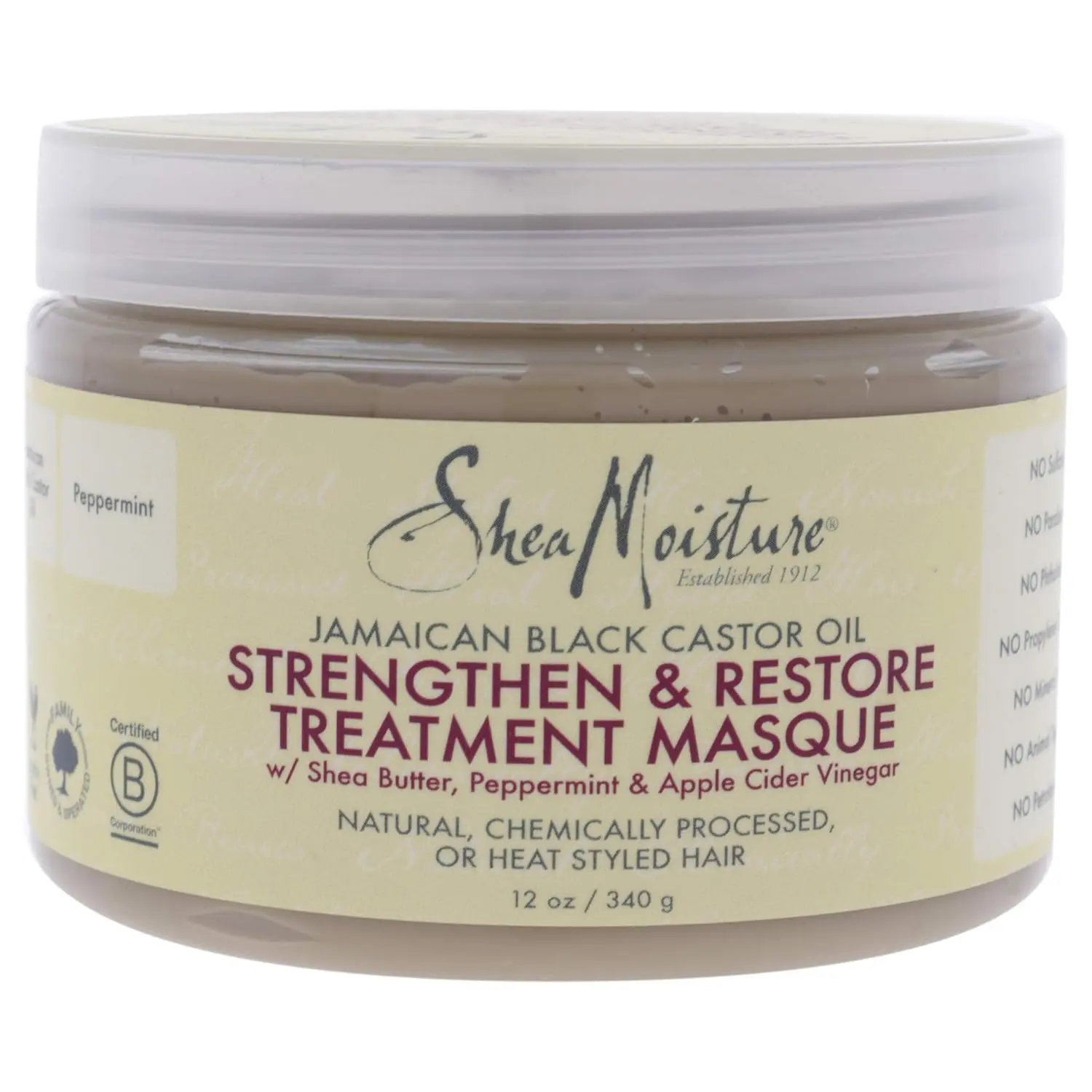 Shea Moisture Jamaican Black Castor Oil masque strengthens, restores, and hydrates damaged hair.