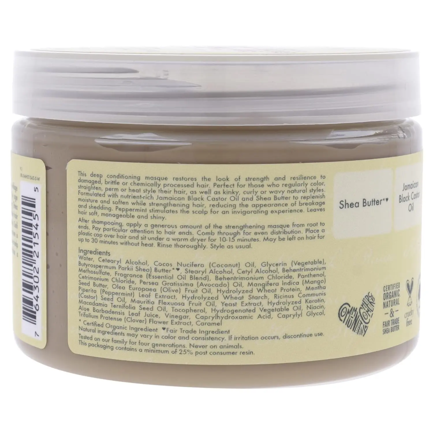 Shea Moisture Jamaican Black Castor Oil masque strengthens, restores, and hydrates damaged hair.