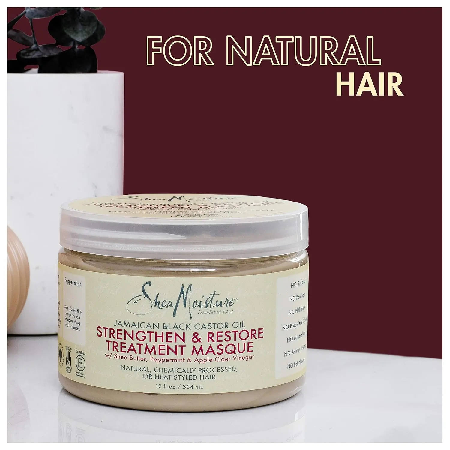Shea Moisture Jamaican Black Castor Oil masque strengthens, restores, and hydrates damaged hair.