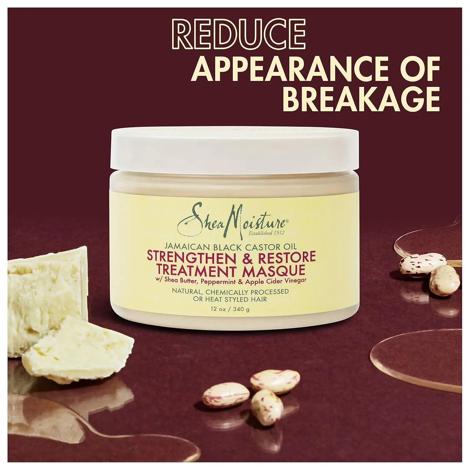Shea Moisture Jamaican Black Castor Oil masque strengthens, restores, and hydrates damaged hair.