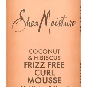 Shea Moisture Coconut & Hibiscus curl mousse enhances natural curl memory, defines wavy and curly hair, and protects against breakage with coconut oil.