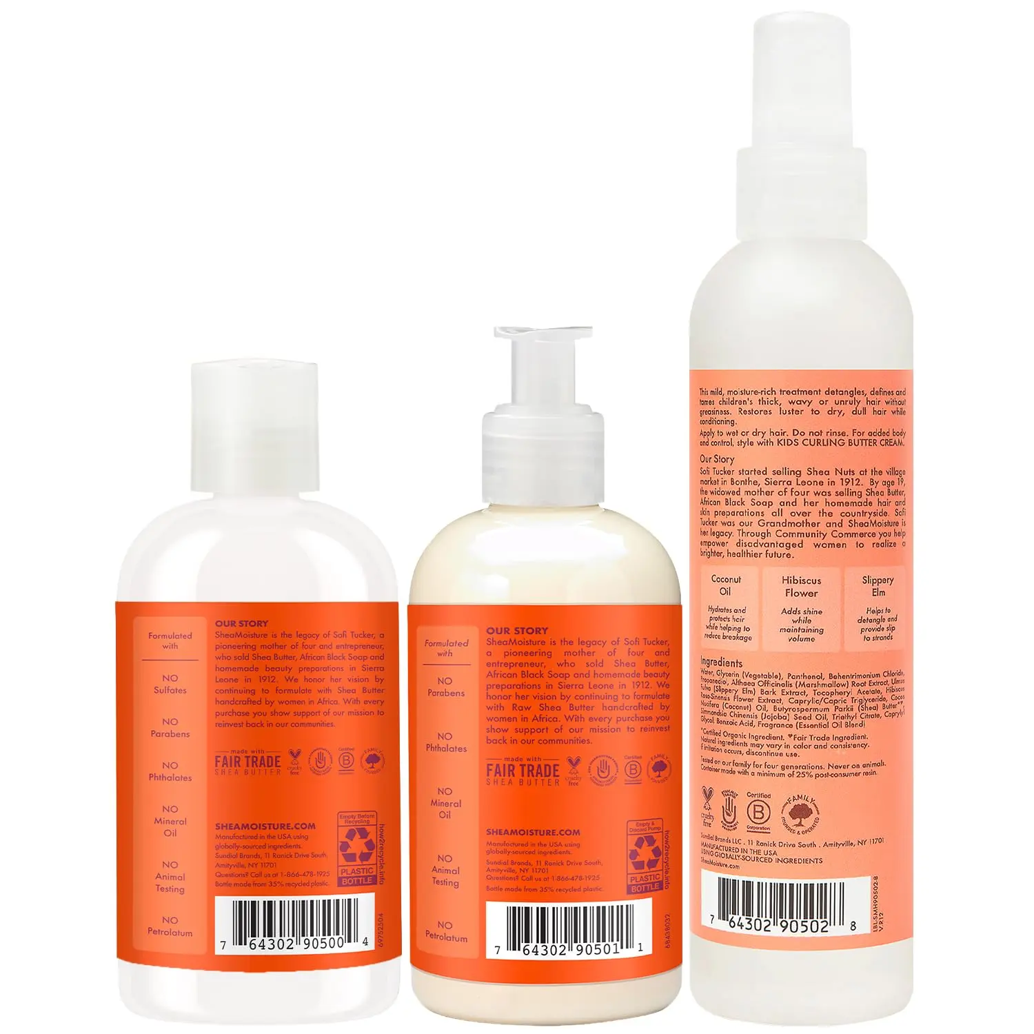 Shea Moisture kids hair care combination pack includes extra-nourishing mango and carrot shampoo, extra-nourishing mango and carrot conditioner, and coconut and hibiscus detangler for soft, smooth, healthy hair.