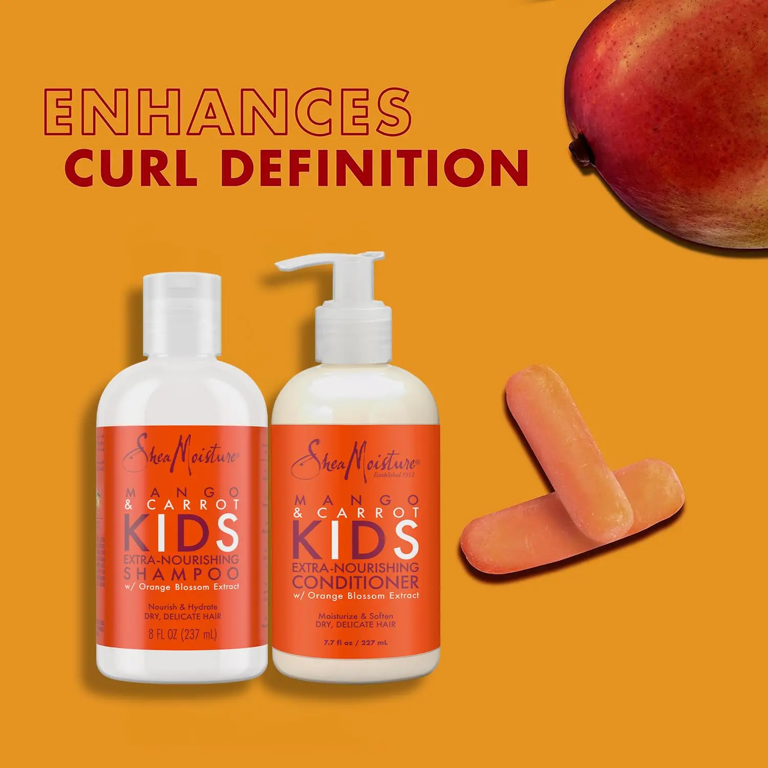 Shea Moisture kids hair care combination pack includes extra-nourishing mango and carrot shampoo, extra-nourishing mango and carrot conditioner, and coconut and hibiscus detangler for soft, smooth, healthy hair.