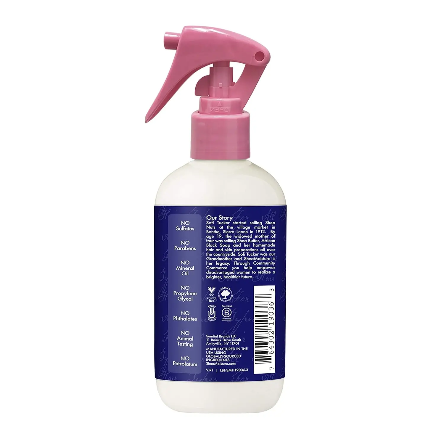 Travel size Shea Moisture leave-in hair treatment for shine and detangling, made with fair trade shea butter and free of sulfates, parabens and phthalates.