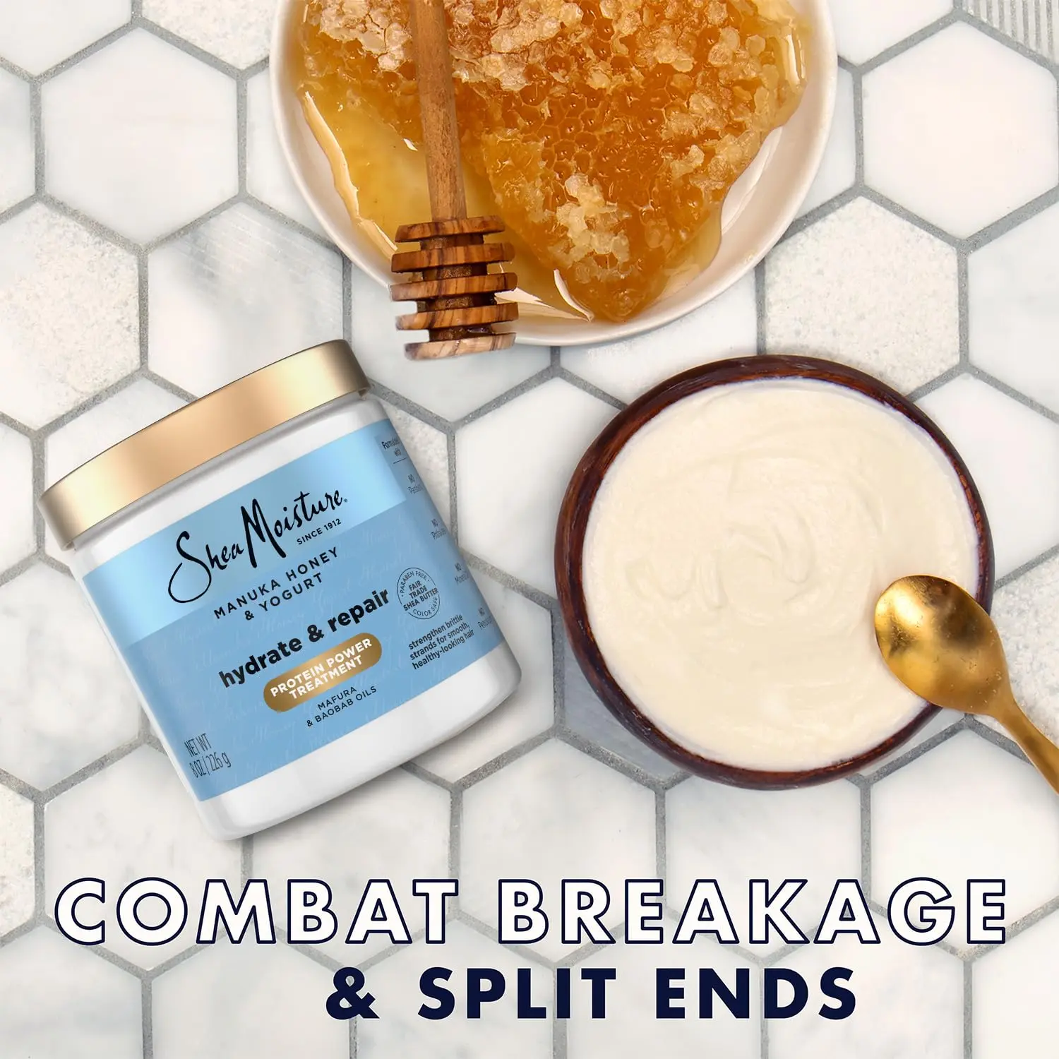 Shea Moisture Manuka Honey and Yogurt hair mask deeply conditions, repairs, and hydrates dry, damaged hair while reducing breakage and frizz.