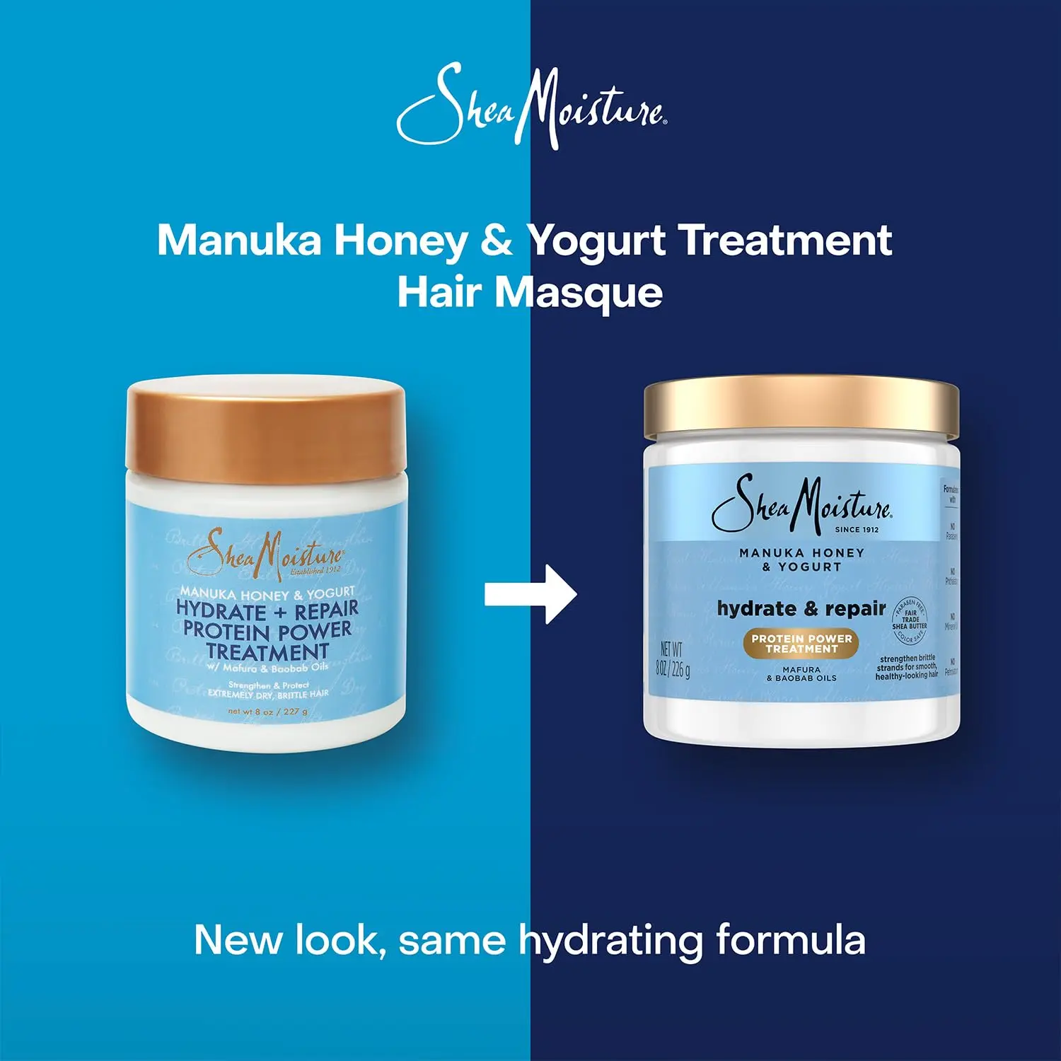 Shea Moisture Manuka Honey and Yogurt hair mask deeply conditions, repairs, and hydrates dry, damaged hair while reducing breakage and frizz.