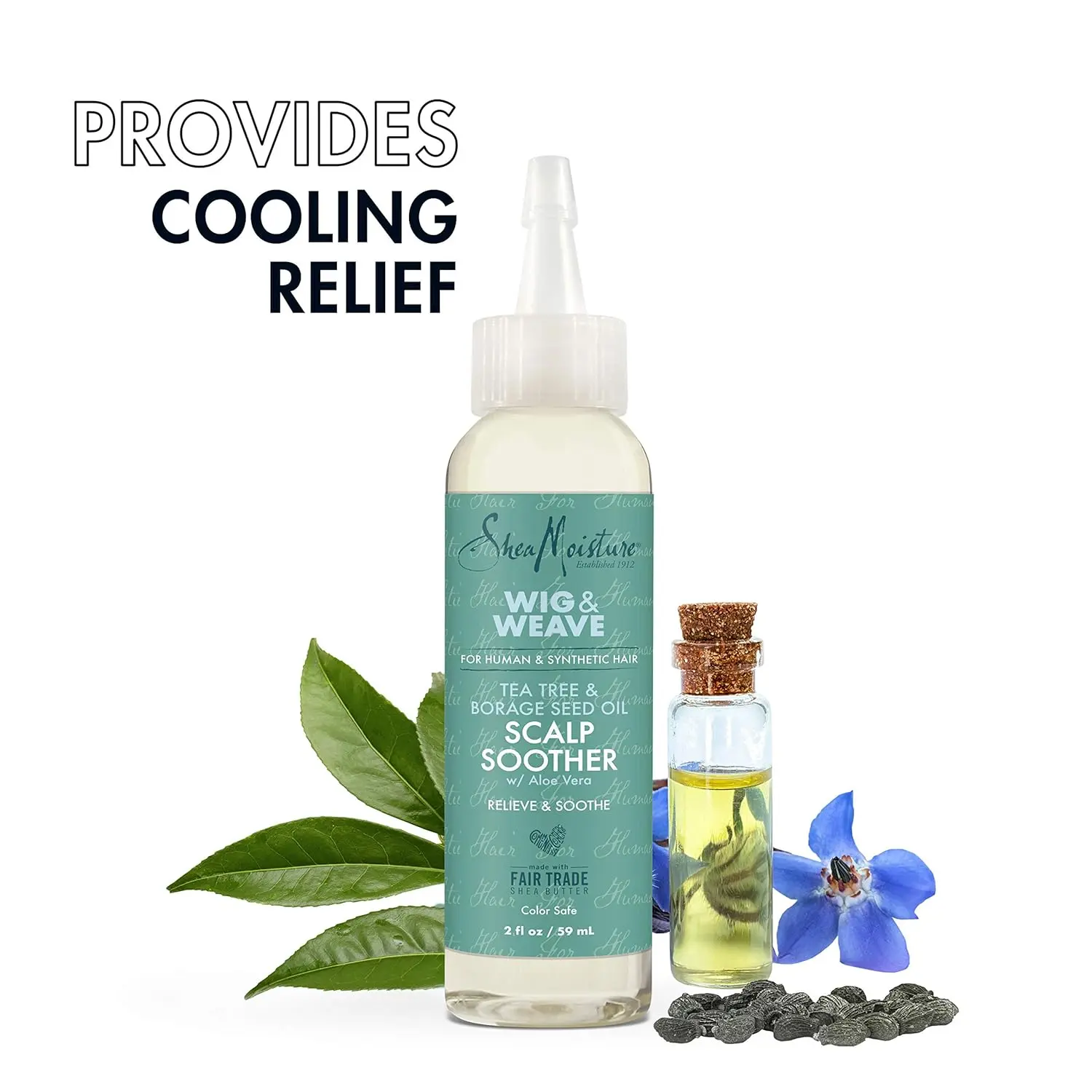 SheaMoisture tea tree and borage seed oil serum soothes and moisturizes dry, itchy scalps under wigs and weaves, providing relief from tightness and discomfort.