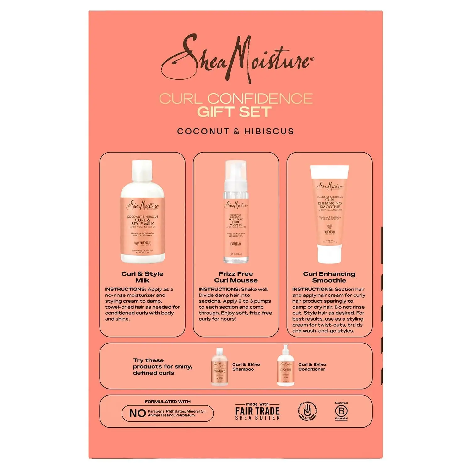 SheaMoisture Coconut & Hibiscus hair product bundle featuring Curl Enhancing Smoothie, Curl & Style Milk, and Frizz Free Curl Mousse for moisturizing, defining, and controlling frizz in curly hair.