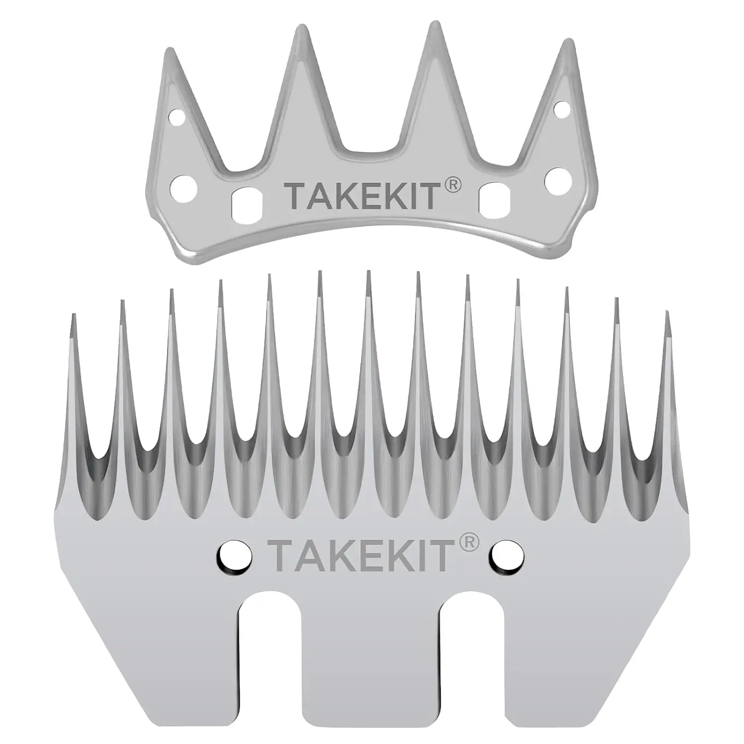 A set of universal replacement blades for sheep shears, featuring a straight 13-teeth design, ideal for shearing sheep, alpacas, and thick-coated animals.