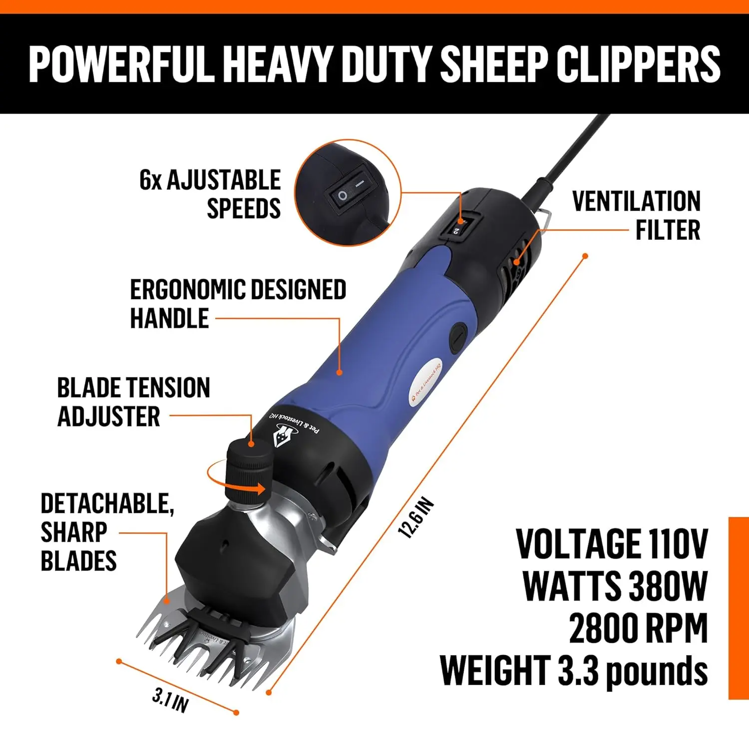 Pet & Livestock HQ electric sheep shears efficiently groom sheep, goats, alpacas, llamas, and angora rabbits with its durable copper motor and sharp steel blades, all in a portable kit.