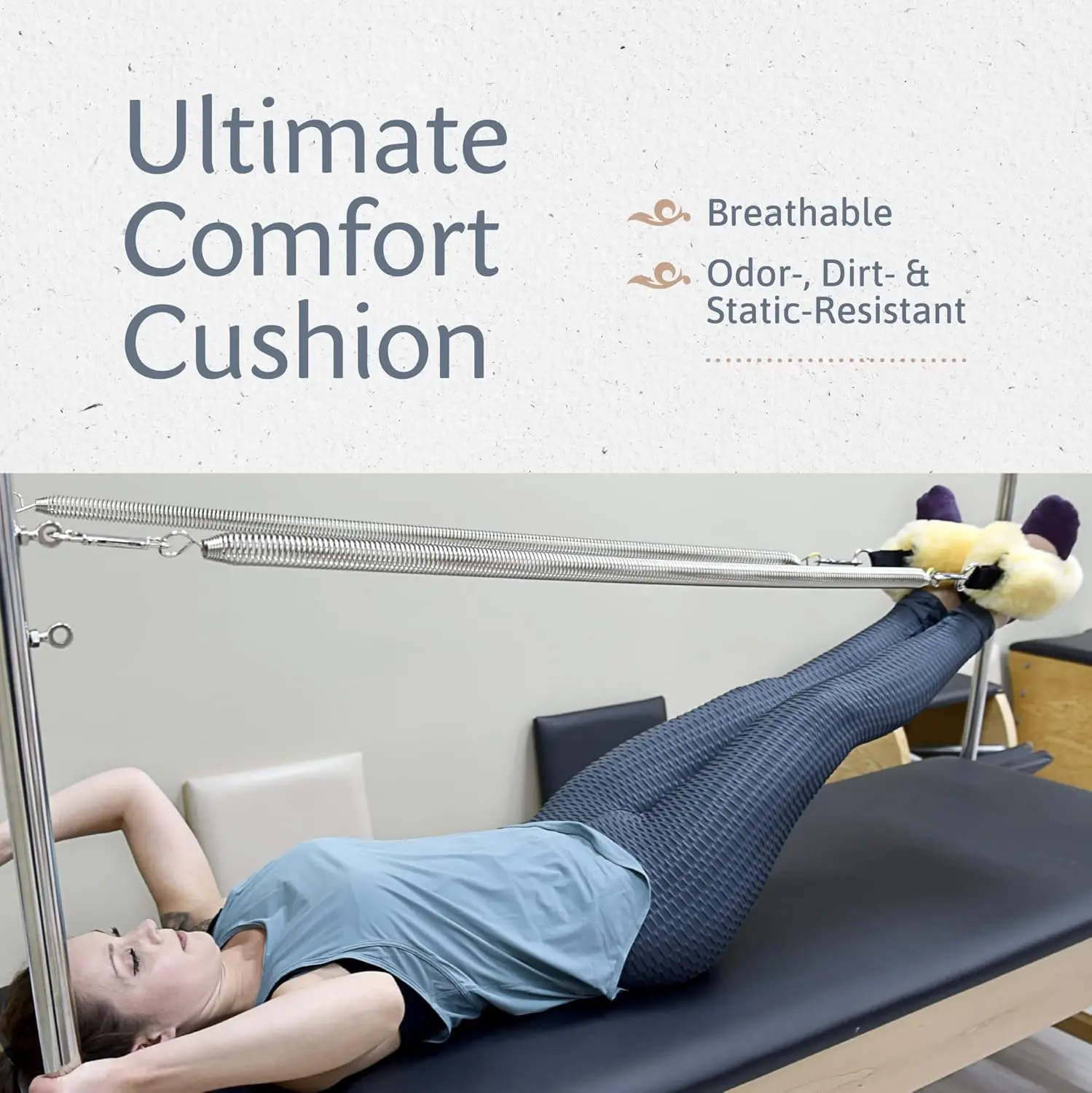 These sheepskin fuzzies add comfort to your Pilates reformer workout while protecting your hands and ankles from friction.